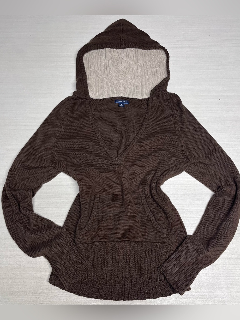 Nautica Vintage Y2K Brown Cable Knit V-neck Fitted Hoodie Sweater.